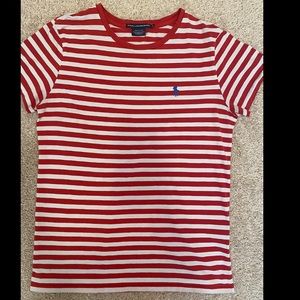 Red and white stripped Ralph Lauren sport t-shirt.